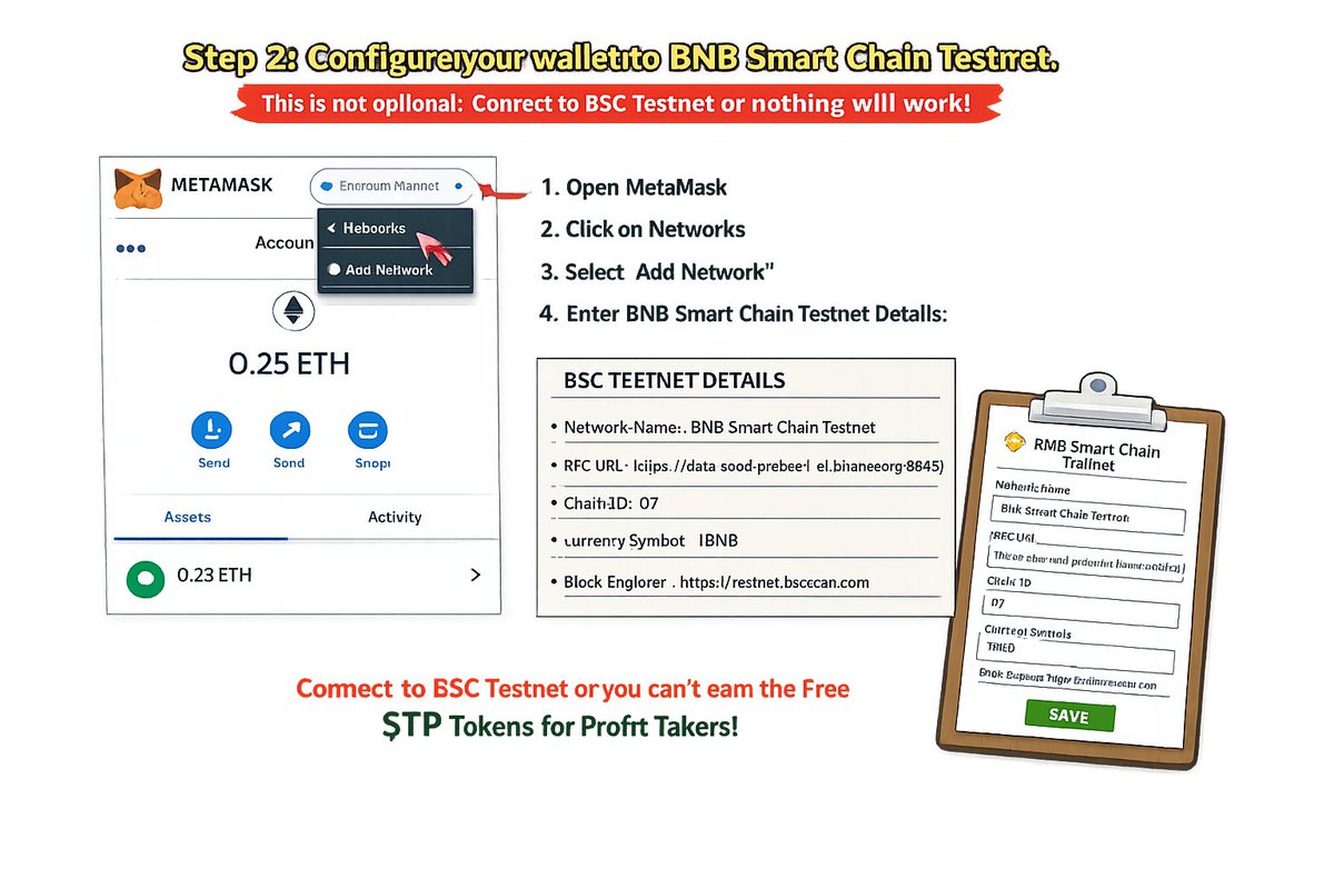 merobeet's tweet photo. BSC TESTNET DETAILS
Network Name: BNB Smart Chain Testnet 

RPC URL: https://t.co/BPLggXme7C

Chain ID: 97
Currency Symbol: tBNB
Block Explorer: https://t.co/dexsee3YqL

Anticipate Step 3 tomorrow. Which is free capital
@TakeProfitFi https://t.co/TvmI8Kic2n
