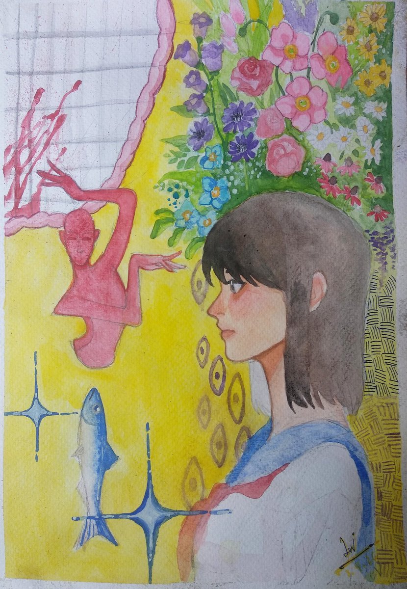 Lavi408's tweet photo. "Fish dance" 🌷💛🐟
watercolor painting 
#watercolor #painting #art #surrealism #artwork #burmeseartist https://t.co/w4J5BHKgfY