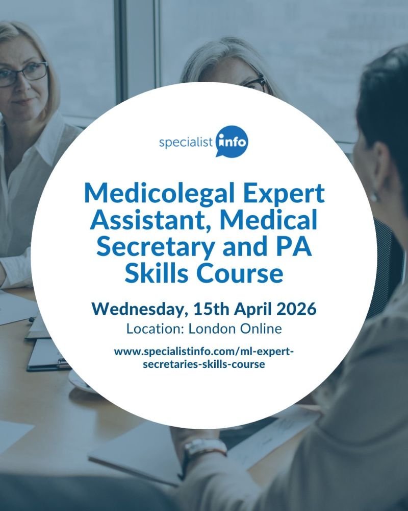 MedicolegalMag1's tweet photo. The Specialistinfo Medico-Legal Expert Assistant &amp; PA Skills Course is next Wednesday, and with this one delivered fully online over 4 hours, you can join from wherever you are. Find out more and book here: https://t.co/JEpN1ZPEBk https://t.co/wvt7km6x9E