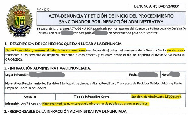 PLcedeira's tweet photo. Ultimas actuaciones:
Se denuncia por depositar muebles y enseres en vía pública sin dar aviso a servicios de limpieza: sanción de 500 a 1500 €
Denuncia por conducción temeraria: 500 € y 6 puntos
Denuncia a conductora por positivo en drogas: 1000 € y 6 puntos
#PLCDR https://t.co/BIkRh9YUNE