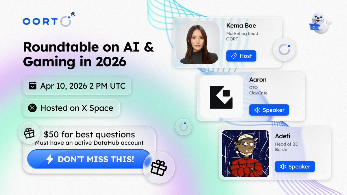 oortech's tweet image. Roundtable on AI and Gaming in 2026 is live this Friday. 🦭

Joining us on X Spaces: 
Aaron, CTO of @ClawIntelli
Adefi @KodakDudu, Head of BD at @playbaishi

We are getting into AI-powered trading intelligence, on-chain data ownership, and where gaming, DePIN, and DataFi are