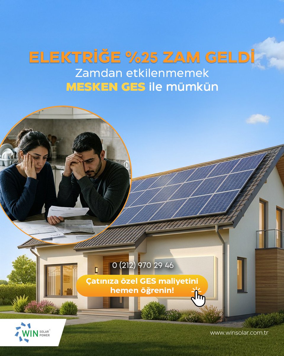 ELEKTRİĞE %25 ZAM GELDİ 📈
Zamdan etkilenmemek MESKEN GES ile mümkün! ☀️

Hemen fiyat teklifi alın, güvenilir ve uzun ömürlü “Mesken GES” çözümlerimizle elektriğinizi güneşten karşılayın. ✅

📩 info@winsolar.com.tr
📞 0 (212) 970 29 46

#winsolar #güneşenerjisi #meskenges
