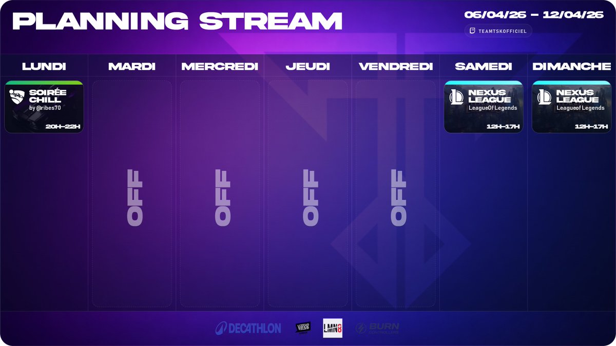TSKOfficiel's tweet photo. 🔥Programme de stream de la semaine🔥

Suivez-nous pour ne rien manquer !

On se retrouve très vite sur la chaîne twitch TeamTSKOfficiel ! 💜

#TeamTSK #Twitch #esport https://t.co/paz1viiitM