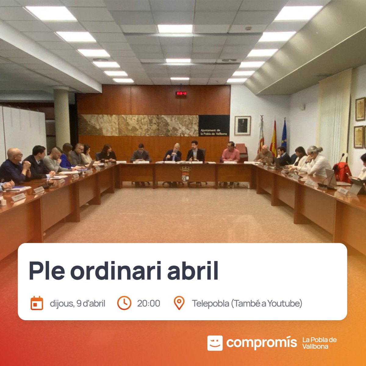 CompromisPobla's tweet photo. 🟠 PLE D'ABRIL

Hui, a les 20 h, podreu seguir en directe el ple d'abril en Telepobla. Aquest ple porta 2  mocions a l'ordre del dia, on serem la veu que plante cara i defense el valencianisme. No vos el perdeu!

#SomCompromís #HoFemPerTu https://t.co/SJU2PEM4O6