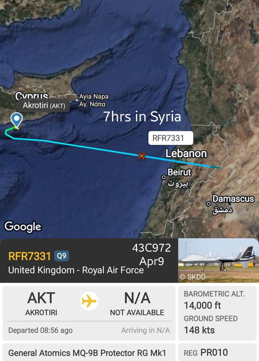 LebanonJets's tweet photo. Another 7hrs in Syria this morning for #UKRAF RG Mk1 (MQ9B Protector) #PR010 as #RFR7331 #43C972 via Lebanon's airspace RTB Akrotiri https://t.co/UX9IWtxTY4
