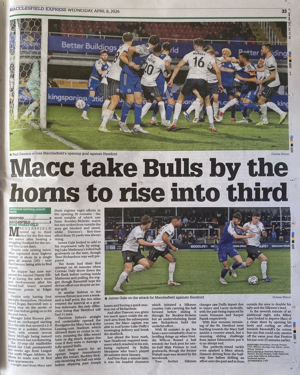 nwakefield39's tweet photo. A four-page spread for me in the Macc Express this week as @thesilkmen sweep aside @HerefordFC and @Buxton_FC but were ‘all over the show’ against @ChesterFC, according to manager John Rooney. https://t.co/7Sej7s08Mf