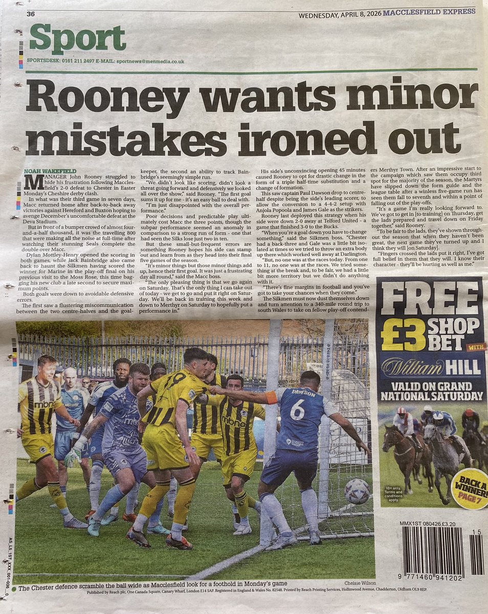 nwakefield39's tweet photo. A four-page spread for me in the Macc Express this week as @thesilkmen sweep aside @HerefordFC and @Buxton_FC but were ‘all over the show’ against @ChesterFC, according to manager John Rooney. https://t.co/7Sej7s08Mf