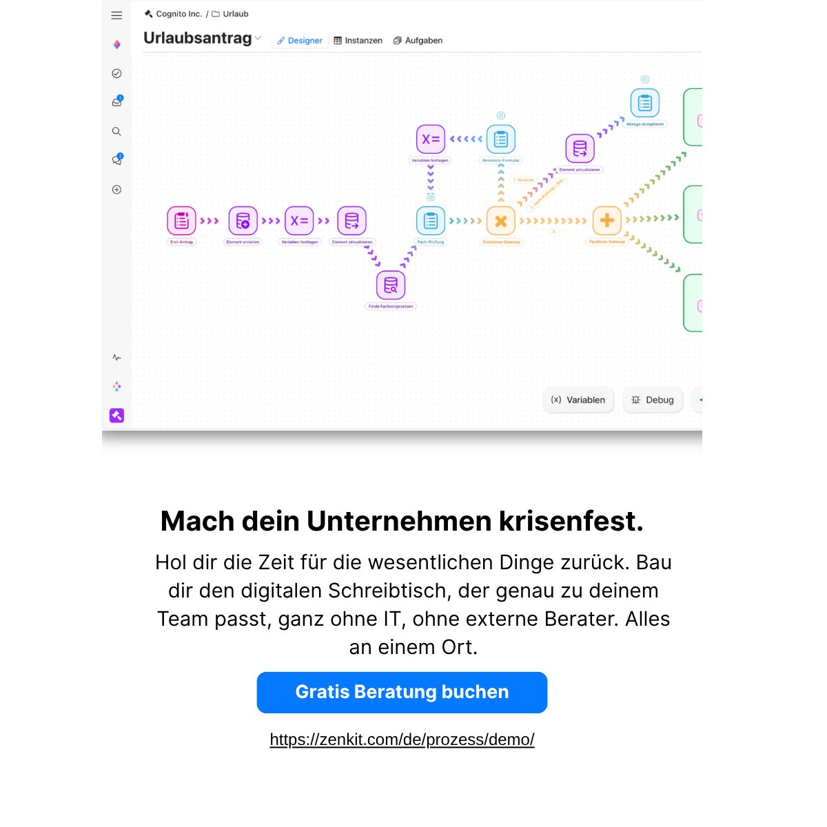 Prozesse für den Idealfall brechen im Alltag.

Montag kommt: Ausfälle, Chaos, Prioritäten wechseln.
Und plötzlich weiß keiner mehr, wie es weitergeht.

Gute Prozesse funktionieren unter Stress.
Klar. Visuell. Anpassbar.

Mit Zenkit Flow baust du genau das.

#nocode #automation