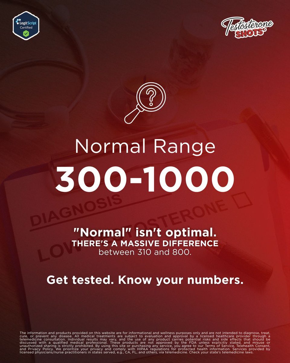 __Testosterone_'s tweet image. "Normal" hormone levels aren't always optimal; there is a massive difference between 310 and 800 ng/dL in terms of how you feel.

Know your numbers + get tested = optimal health.

#TestosteroneLevels #HormoneHealth #Vitality
