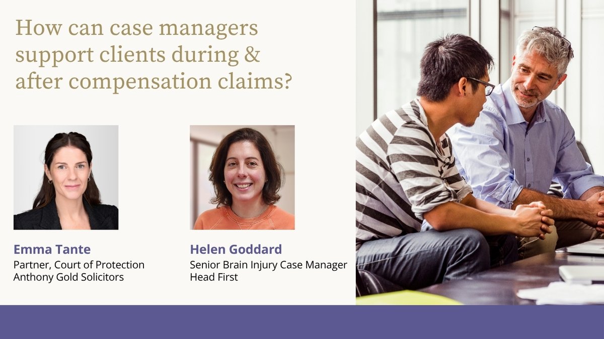 AnthonyGoldLaw's tweet image. How case managers support clients during &amp;amp; after compensation claims, Emma Tante interviews Helen Goddard from Head First on guiding clients beyond litigation into long-term recovery. Register to watch the full interview: anthonygold.co.uk/case-manager-r…

#CourtofProtection #CaseManager