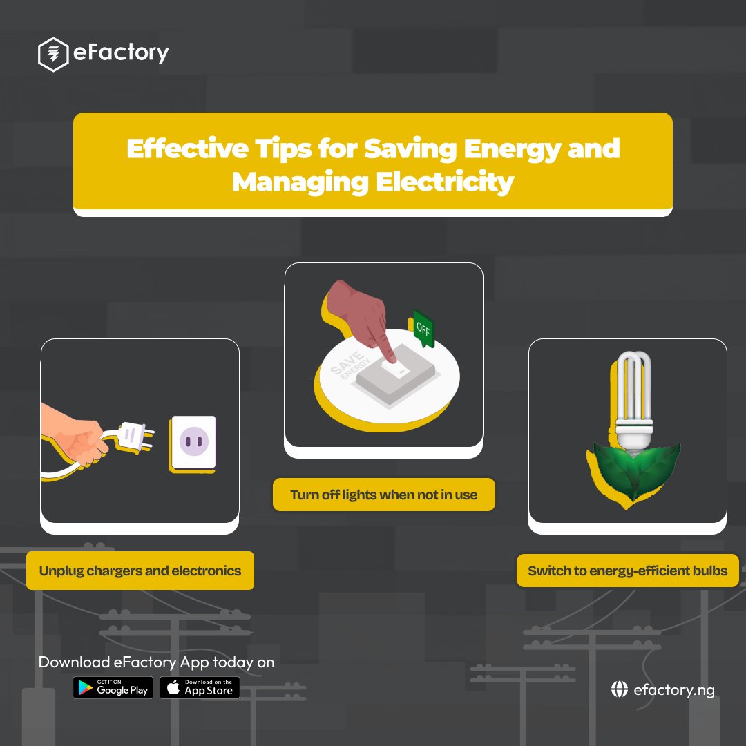 electFactory's tweet photo. Effective Tips for Saving Energy and Managing Electricity

- Turn off lights when not in use

- Unplug chargers and electronics

- Switch to energy-efficient bulbs

#energysavings #electricitybillpayment #efactory https://t.co/yvO6oivUq7