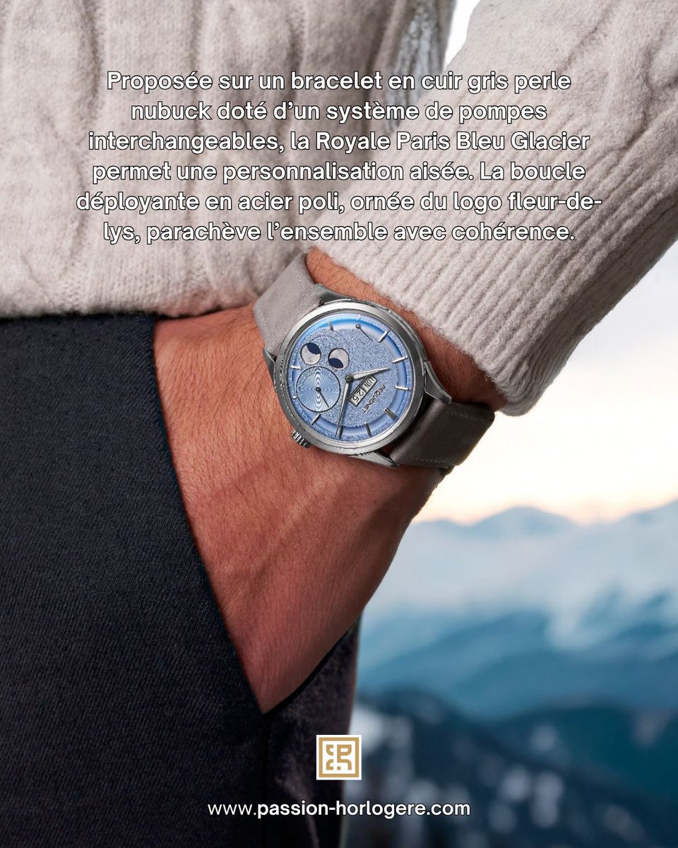 Péquignet signe une Royale Paris Bleu Glacier très convaincante. Cadran texturé, grande date, double lune et Calibre Royal à 96 heures de réserve de marche : l’élégance française en détail. passion-horlogere.com/pequignet-pres… #Pequignet