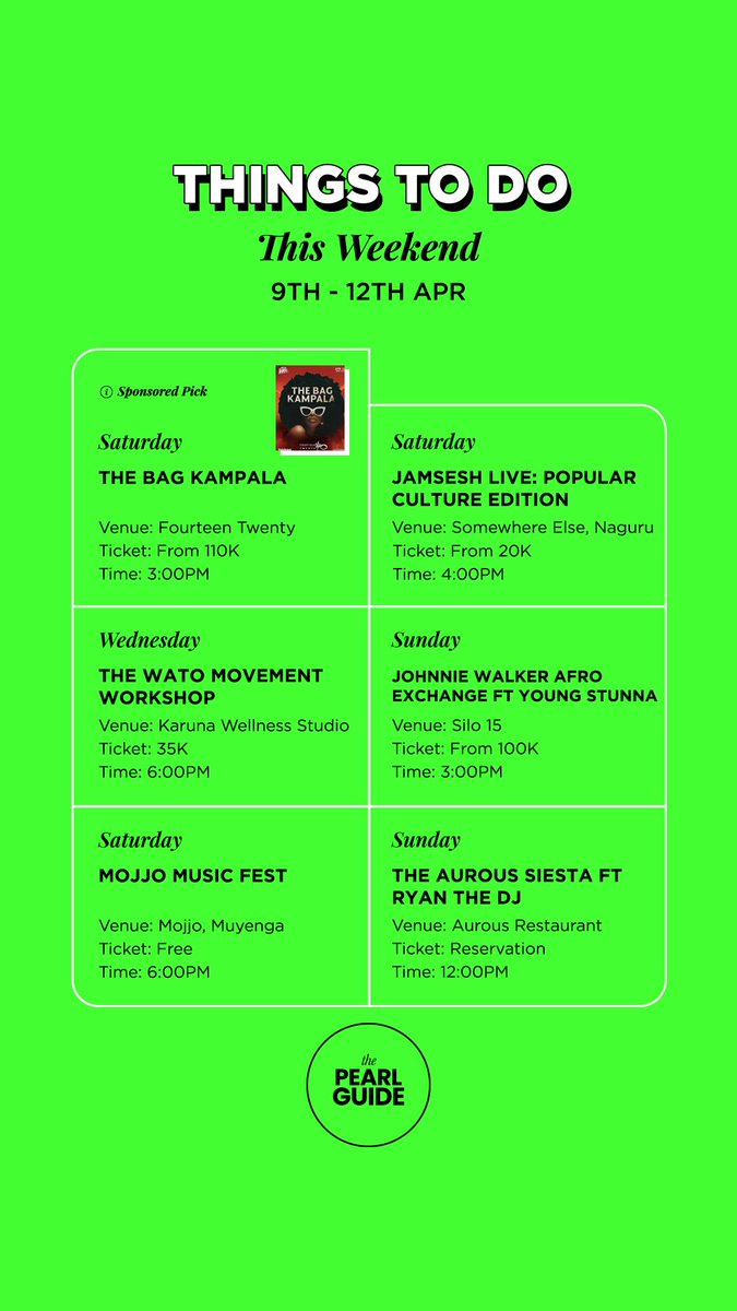 thePearlGuideUg's tweet photo. Kampala has got a lineup you don't want to miss!
Starting off strong with the BAG Event. Expect good music &amp; great vibes💯🙌
#thingstodo #events #happeninginkampala https://t.co/dGHkoaL7eV