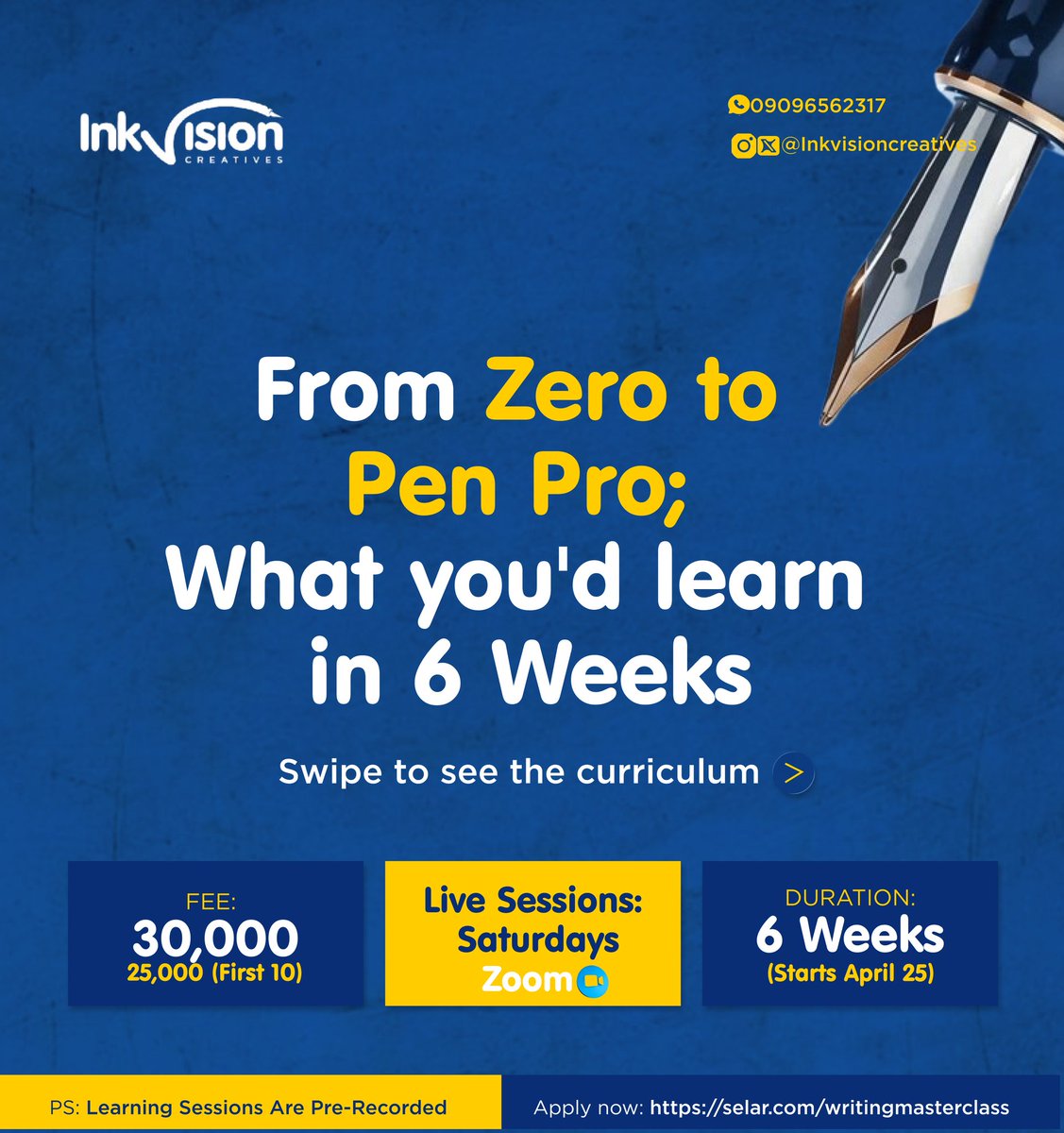 InkVisionC's tweet photo. We've crafted a well detailed curriculum for this writing class: From Zero to Pen Pro.  Whether it's creative writing or content writing you're interested in, you'd be trained thoroughly till you get to be a Pro at wielding the Pen.

Register now  https://t.co/j1OFWxA4Zw https://t.co/yQZFjNboVl