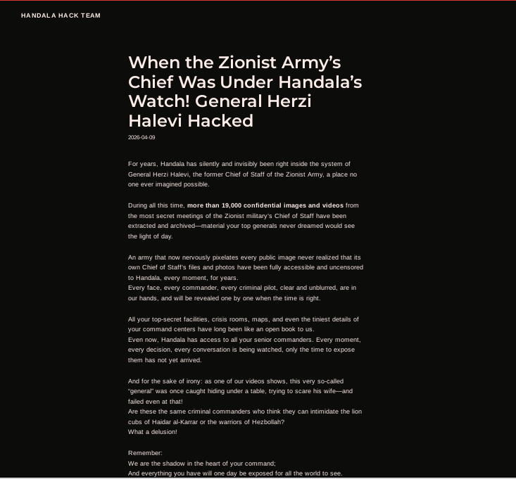 ResearchMalware's tweet photo. Iran-linked “Handala” hackers claim breach of former IDF Chief Herzi Halevi, alleging access to 19K+ photos/videos and long-term surveillance.

Follows earlier claims targeting senior officials, highlighting persistent cyber espionage + data exposure risks. https://t.co/J92u3WYcAL