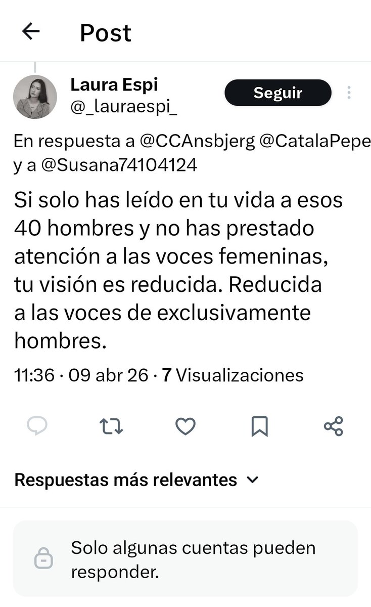 A <a href="/_lauraespi_/">Laura Espi</a> le ha salido la vena totalitaria woke y dice que si no leemos la variedad que ella determina no tenemos una visión correcta del mundo. Está en posesión del canon literario que conduce a la verdad...