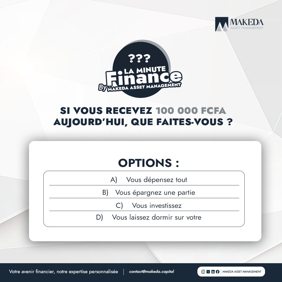 💡 Petit test rapide…

💸 100 000 FCFA arrivent… tu fais quoi ?

✨Chaque choix raconte une histoire financière… la tienne
👇 Réponds : A, B, C ou D

💼Chaque décision peut devenir une opportunité de mieux gérer et faire grandir ton argent.

#Laminutefinance #épargne