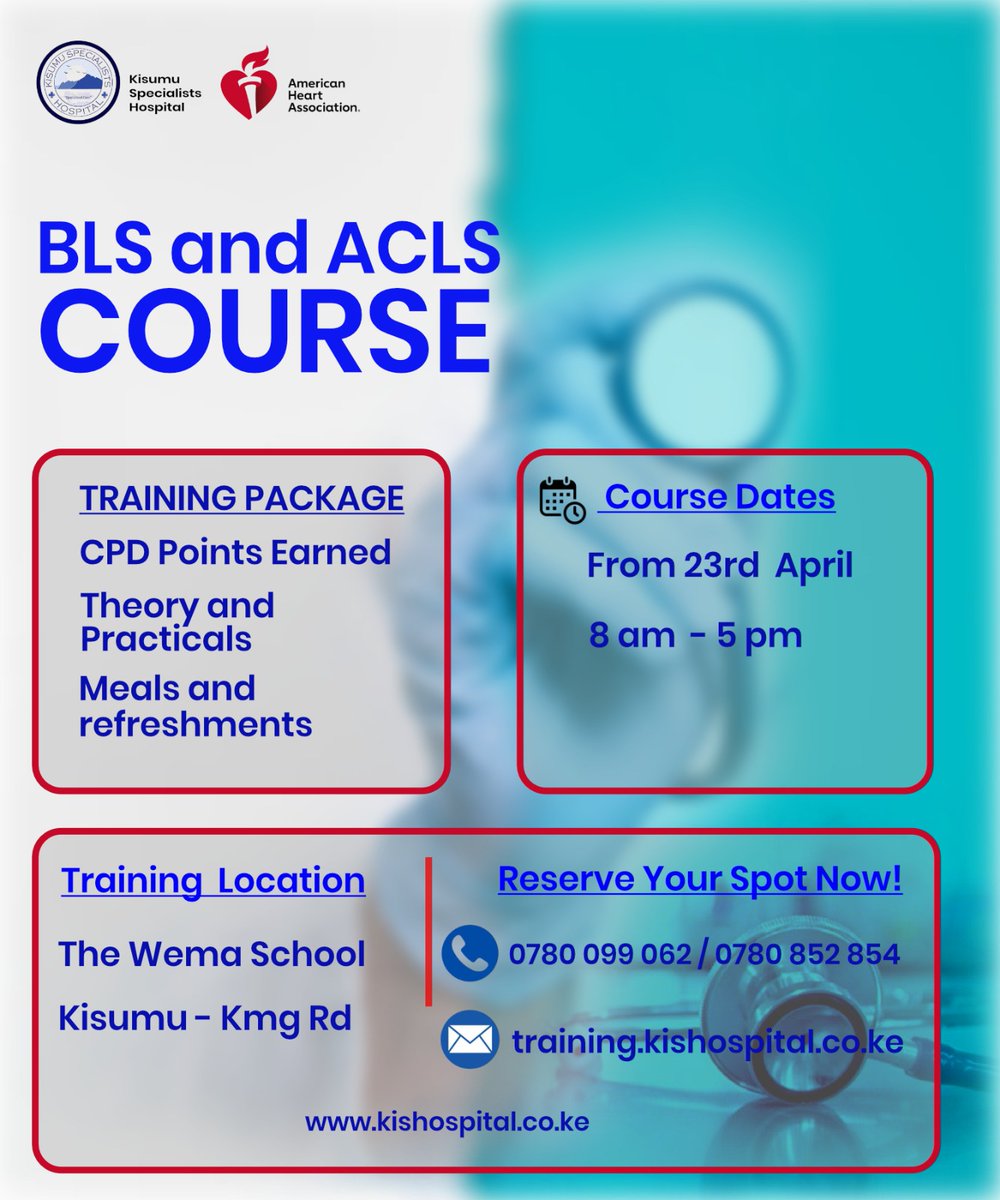 Basic Life Support Training is here!

Join us from 23rd April at Kisumu Specialists Hospital for a comprehensive Basic Life Support (BLS) course.

This training is ideal for healthcare providers and anyone who wants to be prepared for emergencies. 
Course Fee: Ksh 25,000