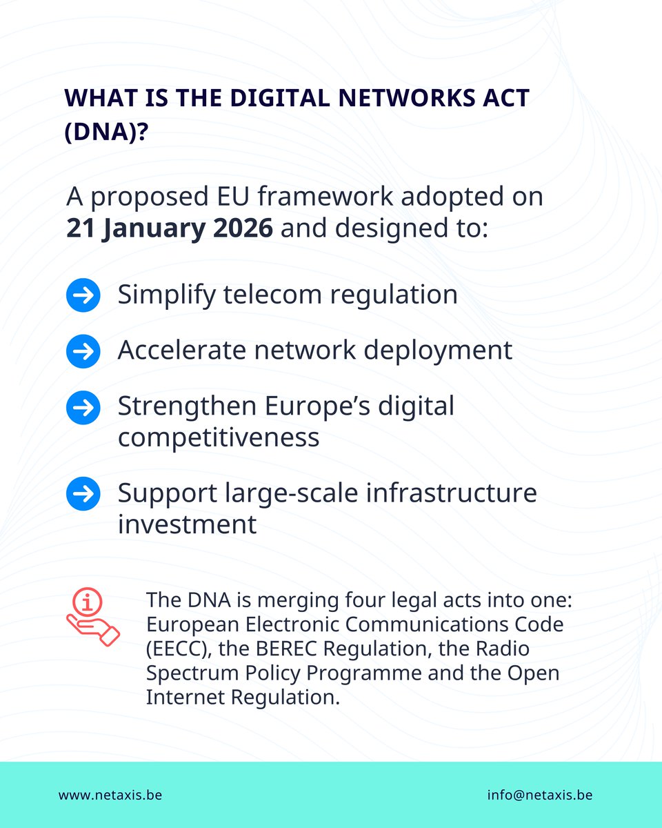 NetaxisSol's tweet image. 🇪🇺  Digital Networks Act (DNA) aims to simplify rules, accelerate infrastructure rollout, and strengthen Europe’s competitiveness. 

Will the DNA unlock scale and innovation? 

Join us at Inspiration Day to find the answers: netaxis.be/inspiration-da… 

#Telecoms #EU #NetNeutrality