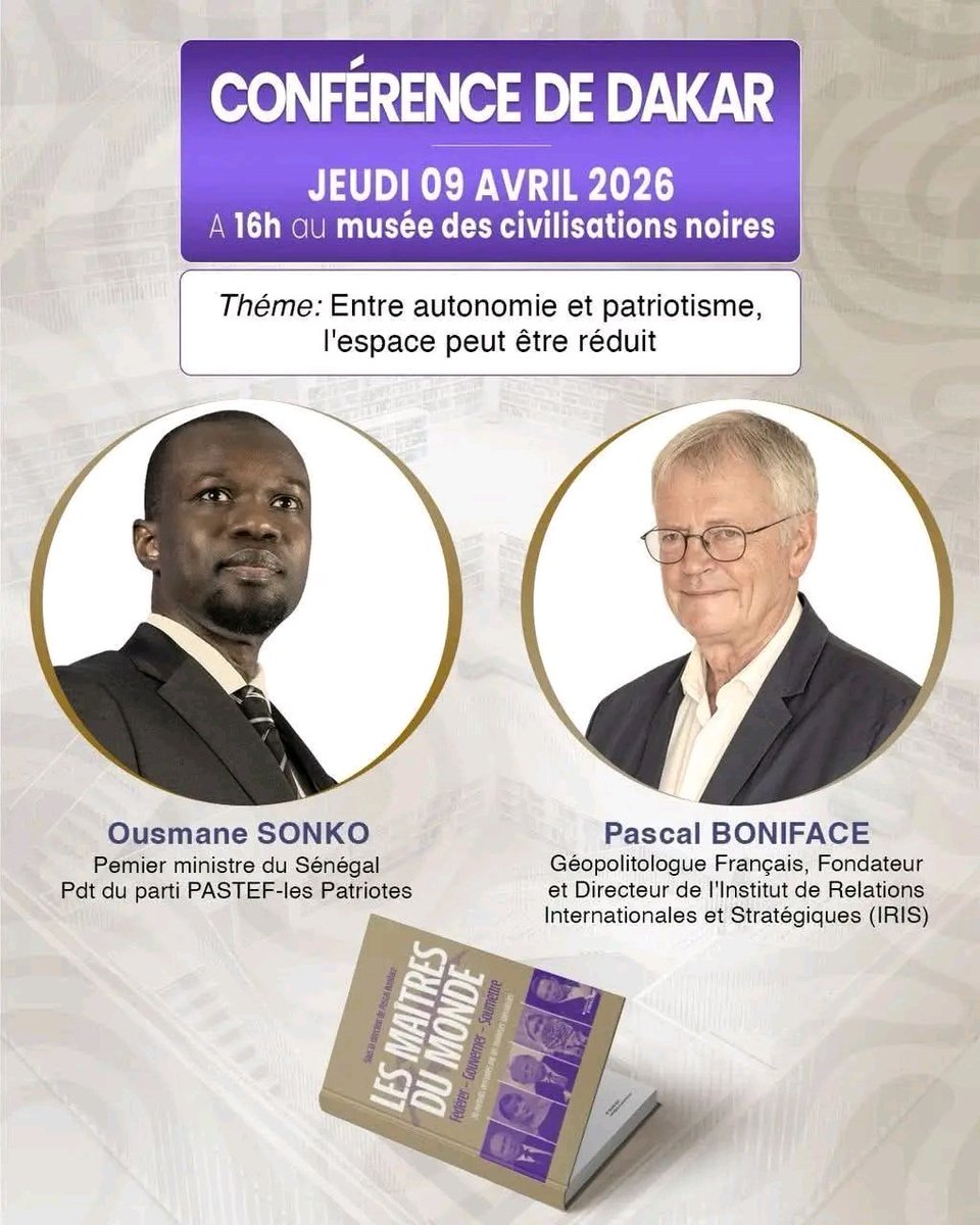 Sonko 🆚 Boniface ! 

Rendez-vous ce jeudi 9 avril à 16h pour une conférence exceptionnelle sur le patriotisme et l’autonomie du continent. 

Ne manquez pas ce rendez-vous au Musée des Civilisations Noires !