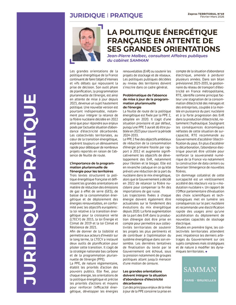 CabinetSamman's tweet photo. Dans @ZTerritorial, @jp_malbec signe une contribution sur la politique énergétique française et les enjeux de la finalisation de la programmation pluriannuelle de l'énergie (PPE), son outil phare de planification.
https://t.co/JI12jmVjaG https://t.co/yql3KfJUxW