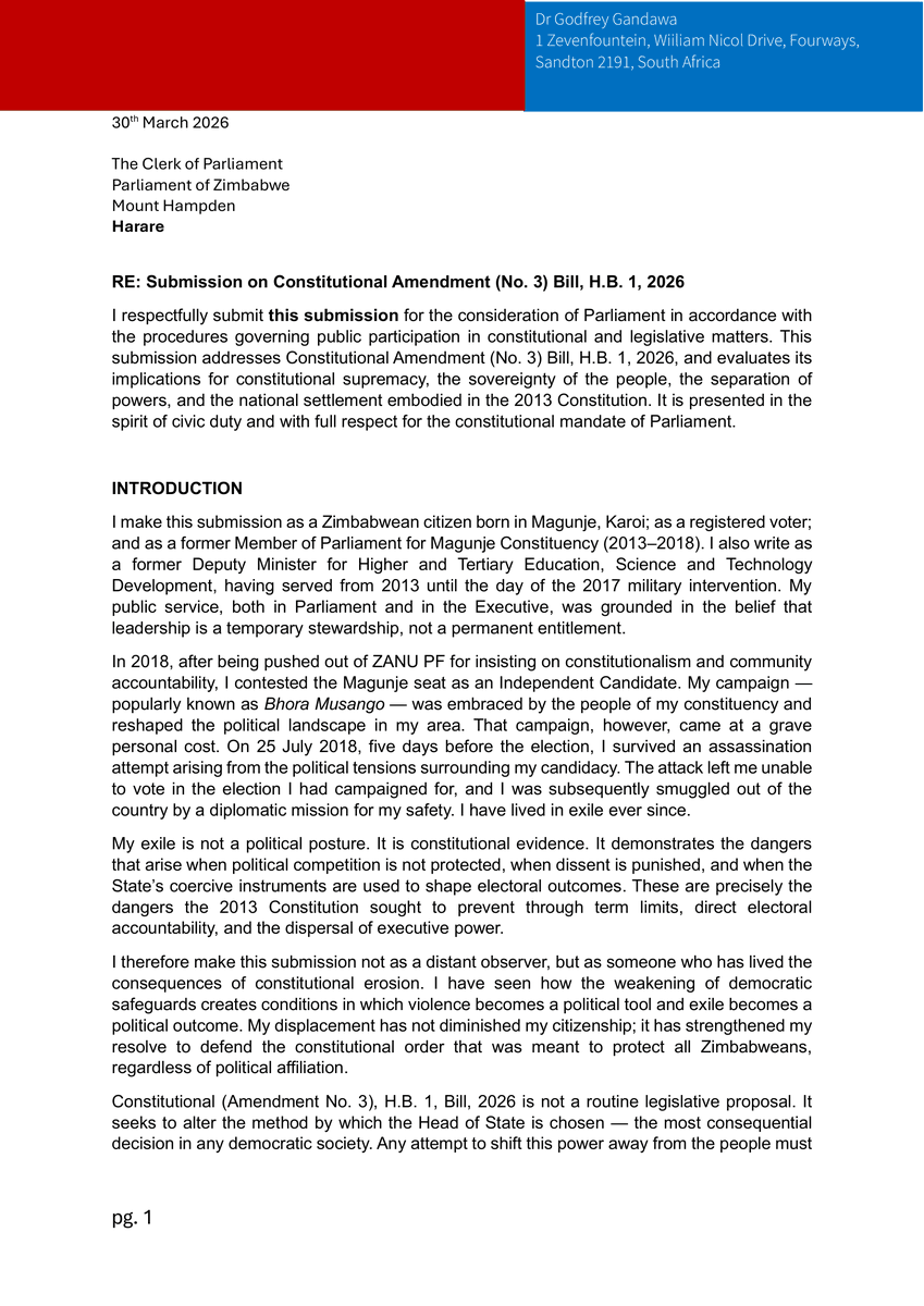 DrGGandawa's tweet image. My submission on Constitutional Amendment No. 3 has now been formally delivered to Parliament via DHL. Sharing this publicly for transparency and record.
#PublicRecord #ConstitutionalProcess
drive.google.com/file/d/1jaUi0V…