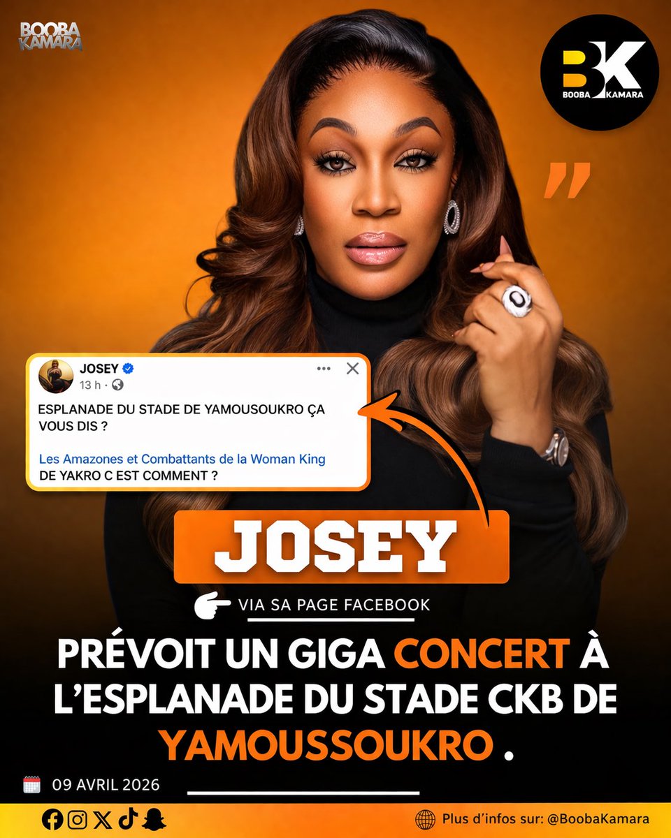 boobakamara1's tweet photo. Josey 🇨🇮🎵 via sa page Facebook prévoit un concert dans lanCapitale politique YAMOUSSOUKRO.
Ça sera une grande première pour les Amazones du centre du pays .

Affaire à suivre …⏳⏳⏳
#BoobaKAMARA https://t.co/KRfnKG3L3U