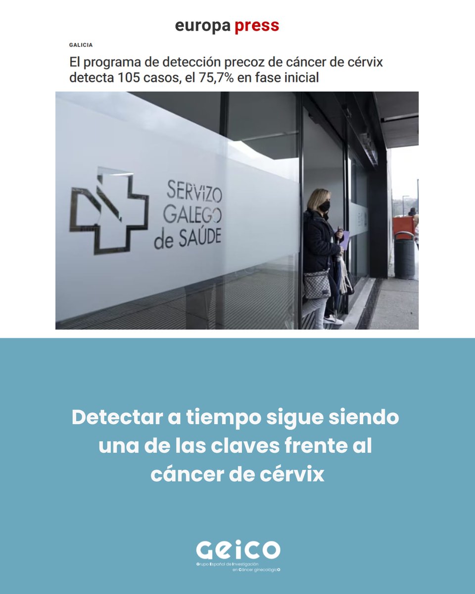 GEICOgroup's tweet photo. Según los datos difundidos en Galicia, el programa de cribado de cáncer de cérvix ha detectado 105 casos desde su puesta en marcha y el 75,7% se identificaron en fase inicial. Además, la prueba primaria se basa en la detección de VPH de alto riesgo, con circuitos posteriores de seguimiento, citología o colposcopia según el resultado.

Estos datos refuerzan algo esencial: avanzar en prevención y cribado organizado permite detectar antes, actuar antes y mejorar las posibilidades de abordaje.

Seguir impulsando la información rigurosa, el acceso a los programas de cribado y la concienciación sobre prevención es clave para reducir el impacto del cáncer de cuello uterino.

Enlace a la noticia completa: https://t.co/n5x7t7xyKU

#GEICO #CáncerDeCérvix #Cribado #DetecciónPrecoz #Prevención #OncologíaGinecológica #VPH