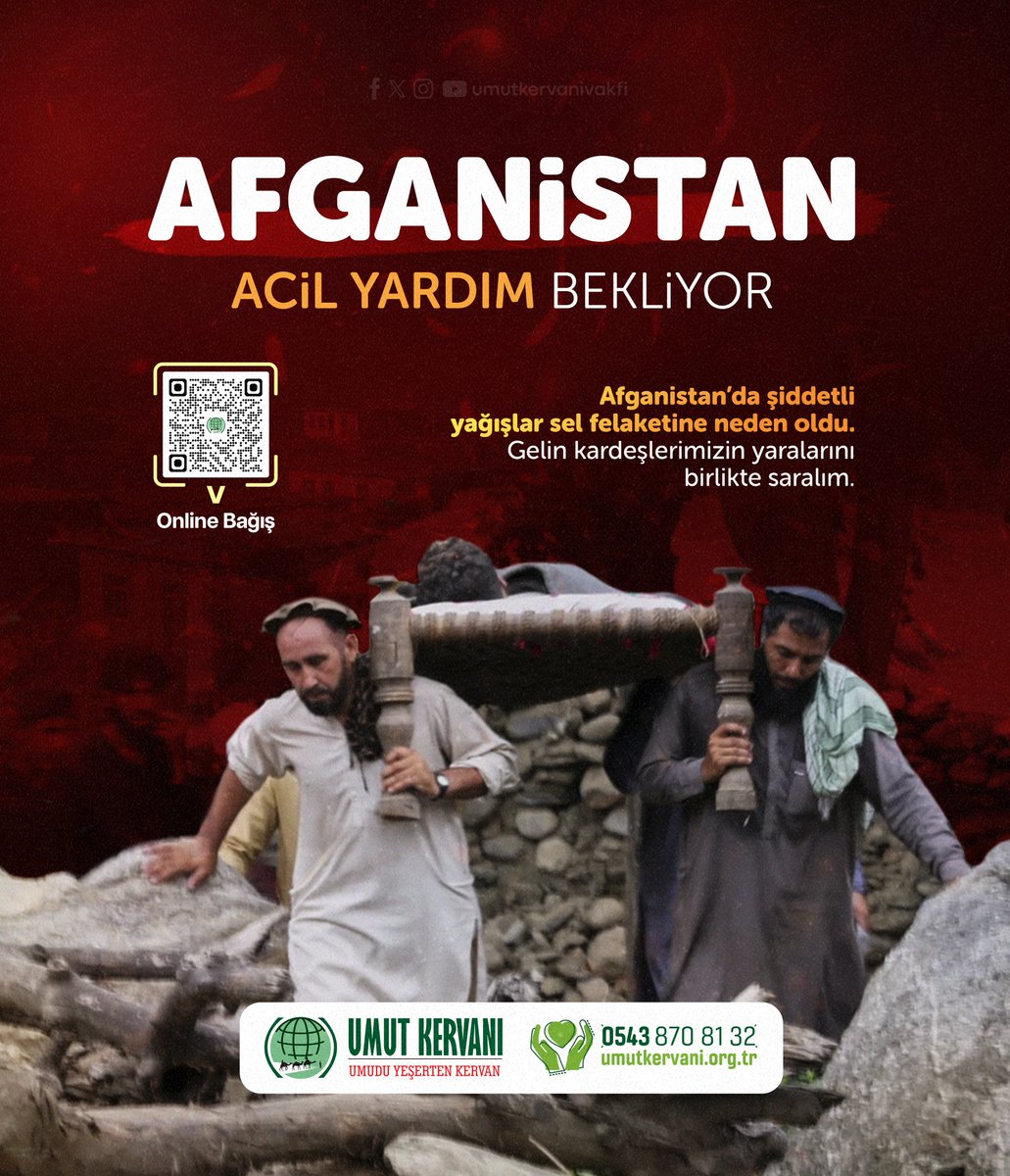 Afganistan’da şiddetli yağışlar sel felaketine neden oldu 132 kardeşimiz can verdi 958 ev tamamen yıkıldı.
Gelin kardeşlerimizin yaralarını birlikte saralım.

🌐 umutkervani.org.tr/bagis
☎️ 0543 870 81 32