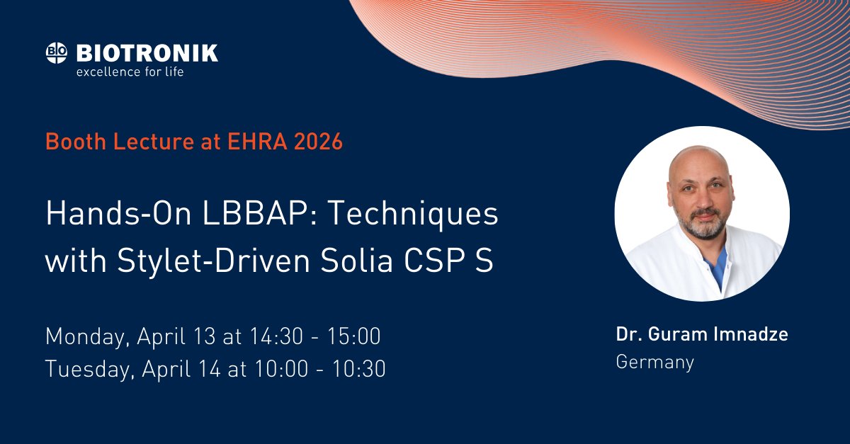 BIOTRONIK_News's tweet photo. We invite you to attend Dr.Imnadze’s lecture at the BIOTRONIK booth during #EHRA2026.

📅 Save to your calendar
Monday session: https://t.co/zfYt9FWJZI
Tuesday session: https://t.co/IobgZkQX2x

 We hope to see you at the booth. https://t.co/ycMGGAjF0I