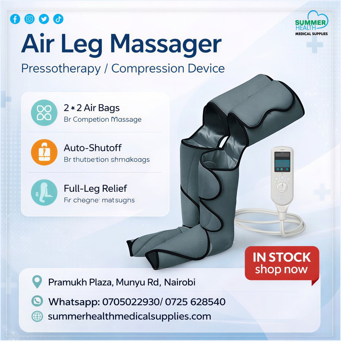 SummerHealthMed's tweet image. 🚨 TIRED, SWOLLEN, ACHING LEGS?

Fix it in minutes with our Air Leg Massager ( STOCK AVAILABLE – ORDER NOW
📍 Pramukh Plaza, Munyu Rd, Nairobi
📞 WhatsApp: 0705022930 / 0725 628540
🌐 summerhealthmedicalsupplies.com
#PainRelief #LegRecovery #CompressionTherapy #ShopNow #InStock.