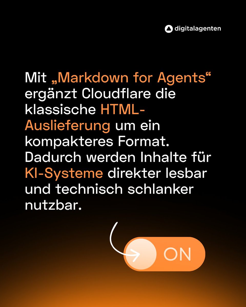 digitalagenten's tweet photo. Cloudflare bringt mit „Markdown for Agents“ ein Format, das Inhalte direkt für KI-Systeme strukturiert bereitstellt.

Weniger Formatlast → klarere Inhalte → geringerer Token-Einsatz.

Content wird damit auch eine Frage der Auslieferung.

#SEO https://t.co/xPpSvlJae4