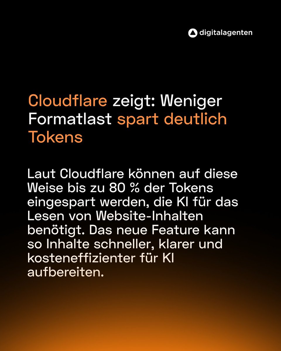 digitalagenten's tweet photo. Cloudflare bringt mit „Markdown for Agents“ ein Format, das Inhalte direkt für KI-Systeme strukturiert bereitstellt.

Weniger Formatlast → klarere Inhalte → geringerer Token-Einsatz.

Content wird damit auch eine Frage der Auslieferung.

#SEO https://t.co/xPpSvlJae4