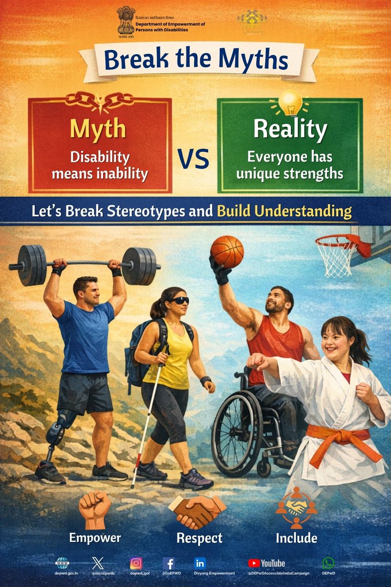socialpwds's tweet photo. Let’s change the way we see ability.
Disability is not a limitation—it’s a different way of experiencing and contributing to the world.

💪 Strength comes in many forms
 🌟 Talent goes beyond physical boundaries
 🤝 Inclusion makes society stronger
✨ Every Divyangjan carries resilience, determination  and untapped potential.

Let’s break stereotypes.
Let’s build understanding.
Let’s create a world where everyone belongs. 

#BreakTheMyths
#SashaktDivyangjan_SamarthBharat