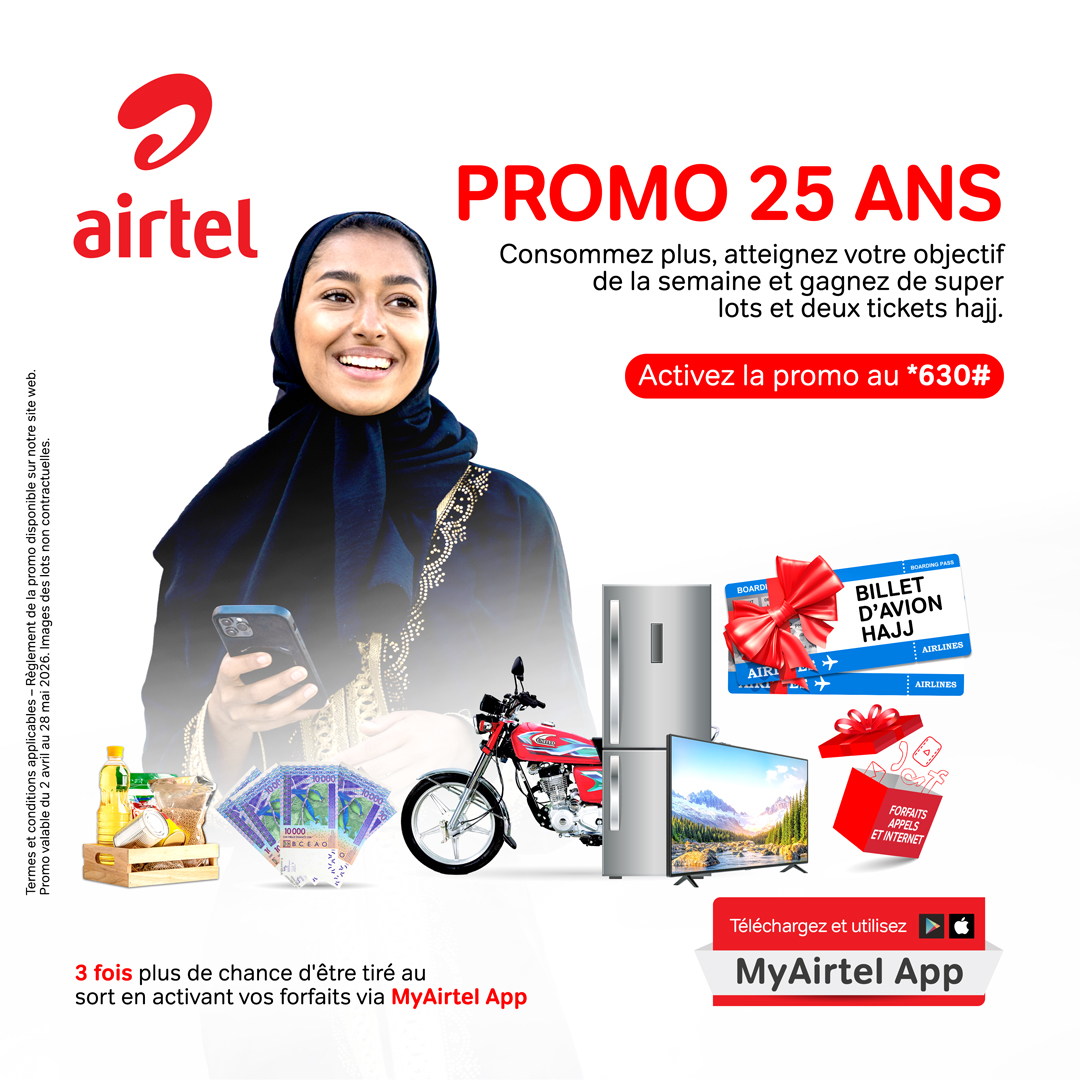 Pour les 25 ans d'Airtel, vos consommations voix et internet peuvent vous rapprocher du Hajj
Du 02/04 au 28/05, consommez plus et donnez-vous chaque semaine une chance d’être tiré au sort en souscrivant à *630#
Puis, activez vos forfaits via MyAirtel App
#AirtelNiger #Promo25ans