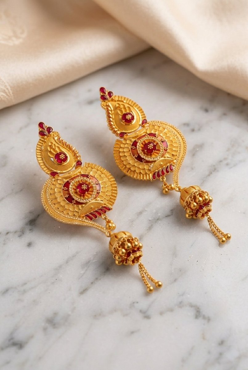 PromptasticMind's tweet photo. A touch of tradition, a whole lot of elegance ✨💛
Intricately crafted gold jhumkas with rich red accents — made to turn every festive look into a statement.

#gold
#goldearrings
#IndianJewellery https://t.co/xGvW0EiYjT