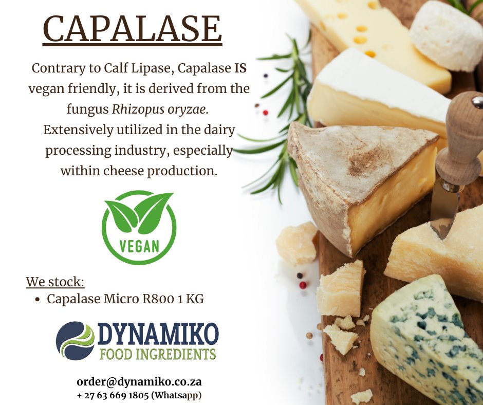 DynamikoFoodIng's tweet image. Say cheese! 🧀 Did you know that capalase enzyme is used in the production of delicious cheese? 

For enquiries email orders@dynamiko.co.za or WhatsApp 063 669 1805 

#cheeselover #capalase #yum