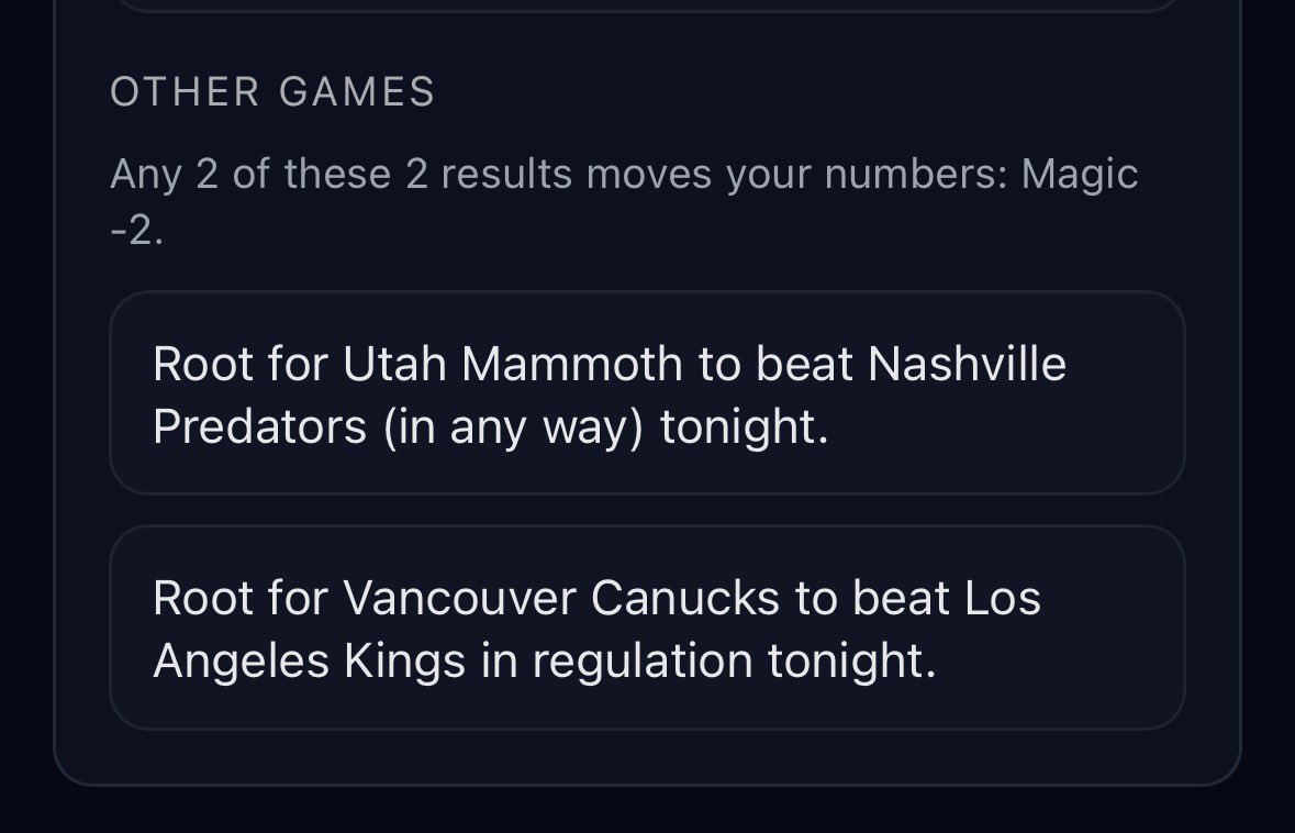HKYMagicNumbers's tweet photo. @Senators, @NHLFlyers and @penguins are looking for a @BuffaloSabres win. 

@AnaheimDucks, @EdmontonOilers and @GoldenKnights benefit from @utahmammoth and @Canucks wins

And @LAKings could use a @utahmammoth W!

Full #MagicNumber breakdown for every game 👉 https://t.co/j2hV2guPIA #NHL #StanleyCupPlayoffs