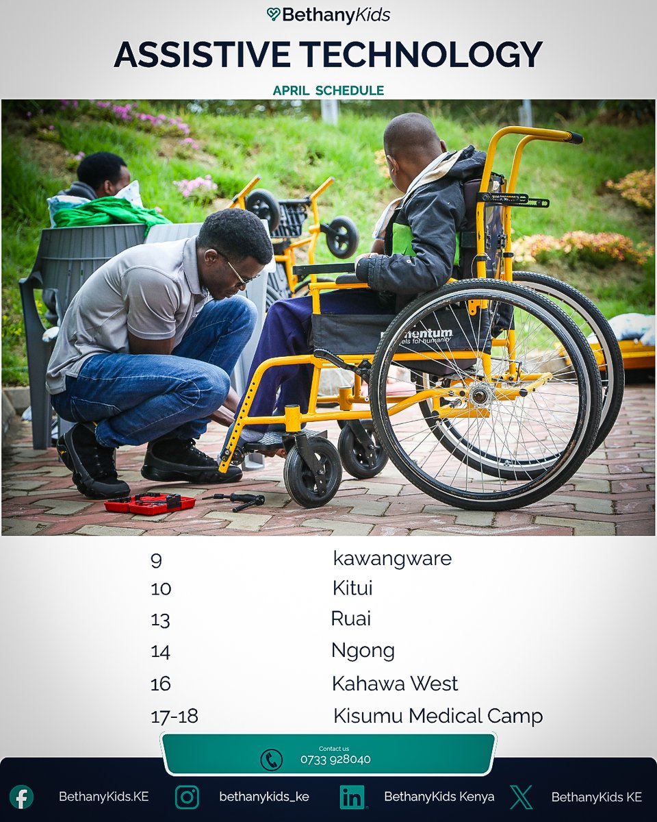 Dear valued clients,

Here is our schedule for this month's assistive technology program.
Our commitment is to provide appropriate assistive devices and advocate for the inclusion of persons with disabilities in our communities.

#LoveHeals
#BethanyKidsKenya
#AssistiveTechnology