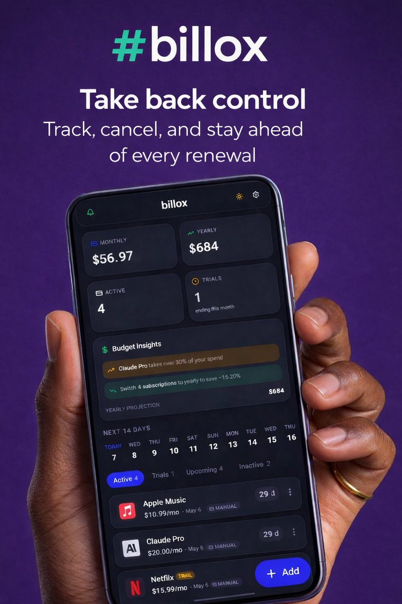 unwickedtv's tweet photo. you are paying for a subscription you forgot about right now.  i guarantee it.  built billox to fix this. tracks all your subs, alerts you before renewals, shows exactly where your money goes.  

Download on android
https://t.co/tMrncKw1yq

#playstore #track #claude #app #finance https://t.co/T9cfQEGTE4