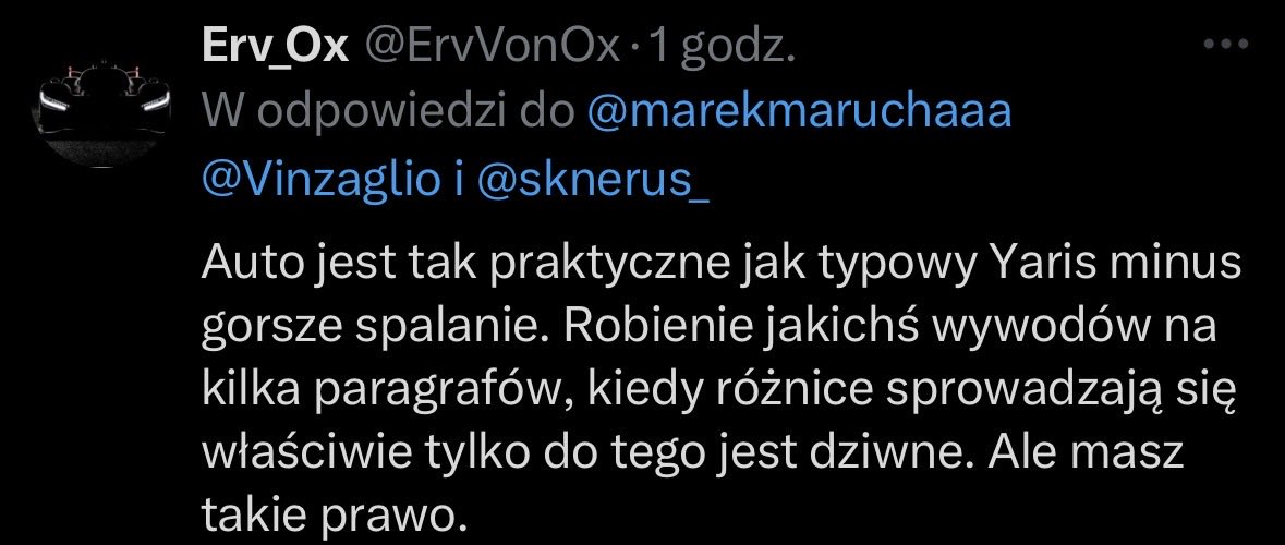 marekmaruchaaa's tweet photo. @ErvVonOx @Vinzaglio @sknerus_ Sam sobie przeczysz najpierw piszesz że GR Yaris jest praktycznie jak zwykły Yaris a potem udajesz, że tego nie napisałeś to nie jest kwestia „czytania ze zrozumieniem” tylko tego, że próbujesz się wycofać z własnych słów https://t.co/WRs9kjuMtI