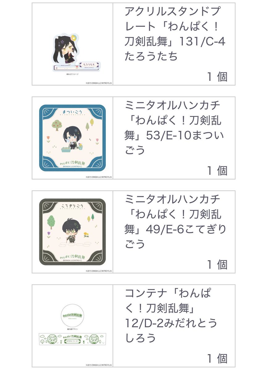 ringo__is_apple's tweet photo. 【交換】わんぱく刀剣乱舞 みんないっしょにわんぱくたいむ ～第4弾～

【出】
C賞:太郎太刀、松井江
D賞:乱藤四郎
E賞:松井江、篭手切江
【求】
E賞D賞:小竜景光
C賞E賞:豊前江

発送がかなり先のため、長期のお取引連絡が可能な方。検索からでもお気軽にお声掛けください。 https://t.co/BwIokM0aMO