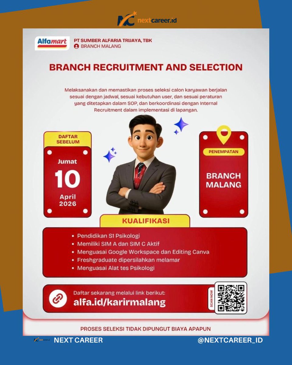 nextcareer_id's tweet image. 🚨 Hiring Branch Recruitment (Alfamart)
Fresh graduate welcome!
📩 Apply:
alfa.id/karirmalang
#LowonganKerja #Alfamart #HRD #FreshGraduate #HiringNow