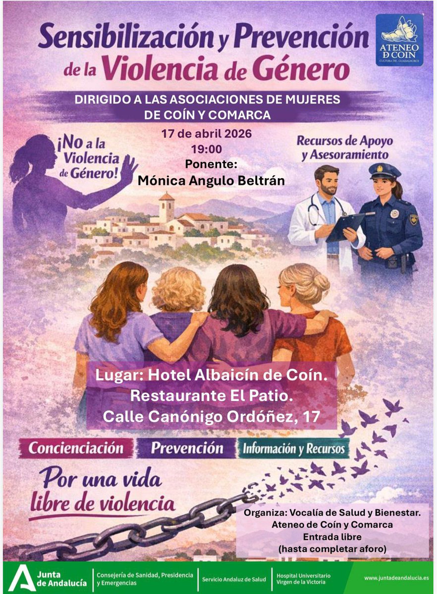 HUVV_SAS's tweet image. El 17 de abril a las 19:00h, participamos en la jornada de "Sensibilización y Prevención de la Violencia de Género" en #Coín.
Como centro comprometido y acreditado, el Hospital Virgen de la Victoria apoya la formación y el uso de recursos de ayuda.