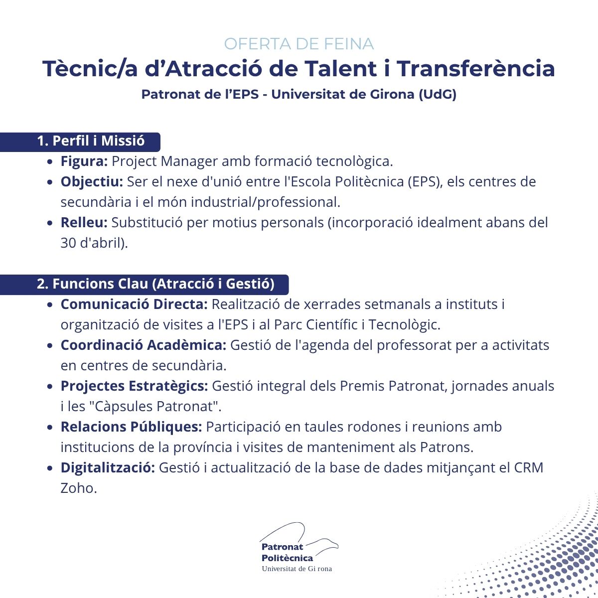 PatronatEPS's tweet photo. 📢 T’ESTEM BUSCANT 🚀
El Patronat de la Politècnica UdG cerca un/a Tècnic/a d’Atracció de Talent i Transferència per connectar la Universitat amb el món industrial i educatiu.
📩 T'interessa? Envia el teu CV a:
👉 direccio.patronat@eps.udg.edu
#OfertaLaboral #TalentGirona #UdG https://t.co/WwuNwQ3nOM