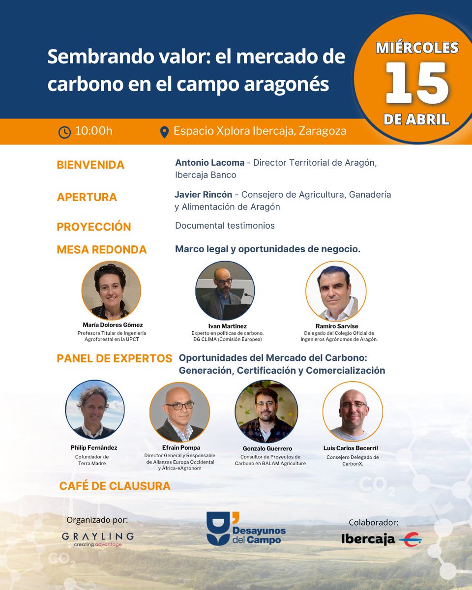 📢 #DesayunosdelCampo vuelve el 15 de abril con una nueva edición, en colaboración con <a href="/ibercaja/">Ibercaja</a> y organizada por <a href="/GraylingES/">Grayling España</a>: “Sembrando valor: el mercado de carbono en el campo aragonés”

¿Puede el mercado de carbono generar nuevas oportunidades para el medio rural? Descubre
