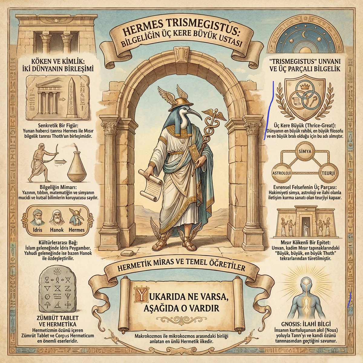 Antik Mısır’ın bilgelik ve yazı tanrısı Thoth ile Yunanların ilahi habercisi Hermes'in tek bir figürde vücut bulduğu Hermes Trismegistus (ki bu sentez Helenistik dönemde gelişmiştir), yalnızca mitolojik bir karakter değil; Batı ezoterizmini, simyayı, astrolojiyi ve teürjiyi