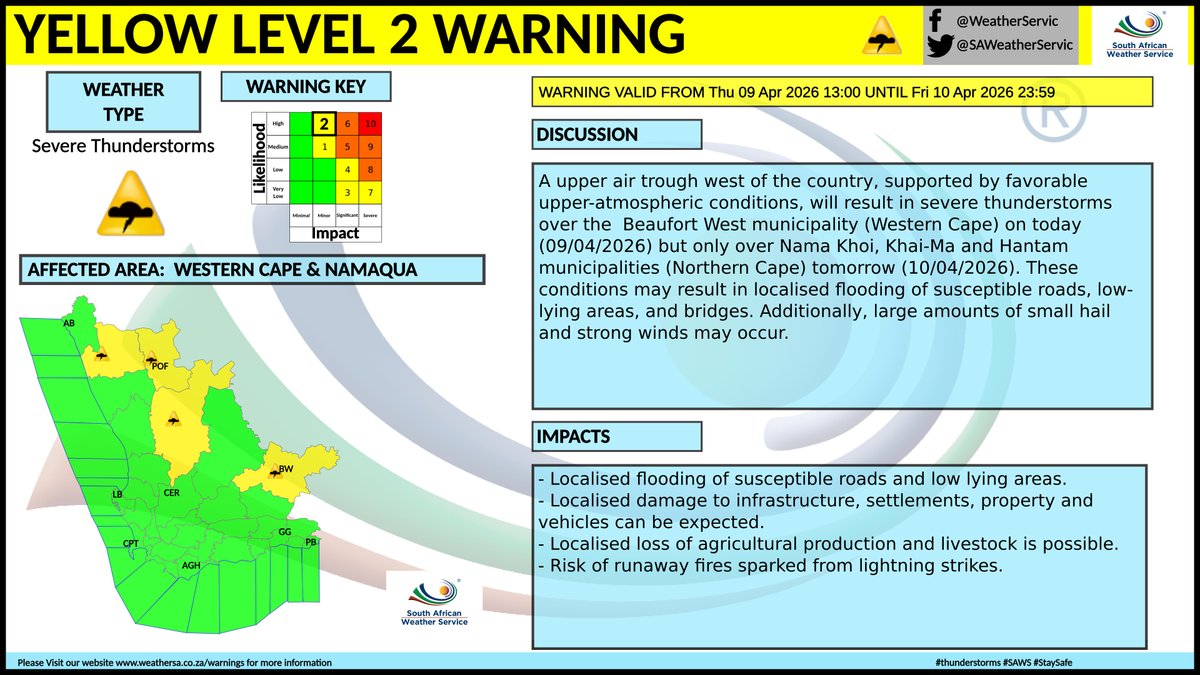 SAWeatherServic's tweet image. Yellow level 2 warning for severe thunderstorms
Area: Western Cape and Northern Cape
Validity:  09-10 April 2026
#saws #Warning #weatheroutlook