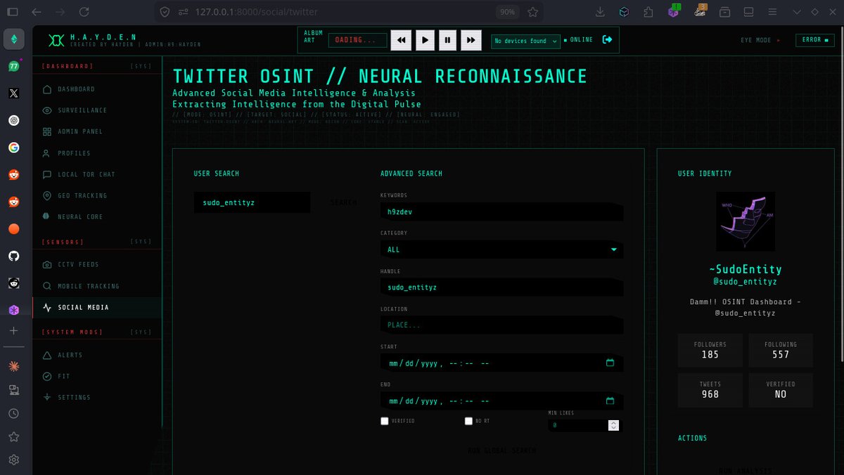 sudo_entityz's tweet photo. Created Twitter OSINT Tool, Soon will open in github. Just to ask ur  opinion on UI of twitter dashboard.
Early Acces  https://t.co/KjPLf6UPd5
For more OSINT tools

https://t.co/25cXMcFioZ

#OSINT #IranWar‌ #PALANTIR https://t.co/od95KrS1Kb