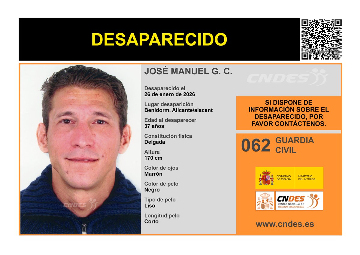 cndes_oficial's tweet image. ⚠️ 𝘼𝙇𝙀𝙍𝙏𝘼⚠️
🚹DESAPARECIDO
Edad 3⃣7⃣ años
🧐Visto por última vez #Benidorm #Alicante
🔄 RT para ayudar a encontrarlo
Si lo has visto o tienes pistas 📩cndes-web.ses.mir.es/publico/Desapa…
📞062 @guardiacivil
🔗Canal oficial @cndes_oficial
#desaparecido